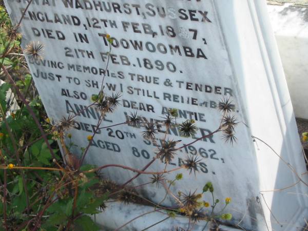 Eunice LAVENDER,  | born Wadhurst Sussex England 12 Feb 1887,  | died Toowoomba 21 Feb 1890;  | Annie LAVENDER,  | auntie,  | died 20 Sept 1962 aged 80 years;  | Meringandan cemetery, Rosalie Shire  | 