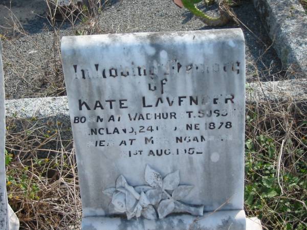 Kate LAVENDER,  | born Wadhurst Sessex England 24 June 1878,  | died Meringandan 31 Aug 1952;  | Meringandan cemetery, Rosalie Shire  | 