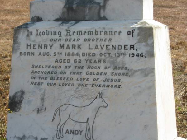 Henry Mark (Andy) LAVENDER,  | brother,  | born 5 Aug 1884,  | died 13 Oct 1946 aged 62 years;  | Meringandan cemetery, Rosalie Shire  | 