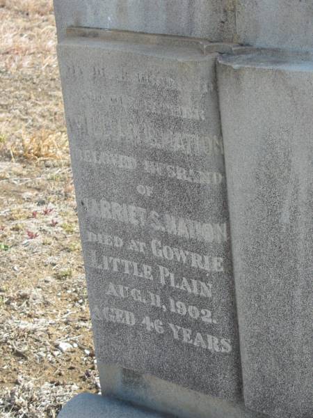 William B. NATION,  | husband of Harriet S. NATION,  | father,  | died Gowrie Little Plain 11 Aug 1902 aged 46 years;  | Meringandan cemetery, Rosalie Shire  | 