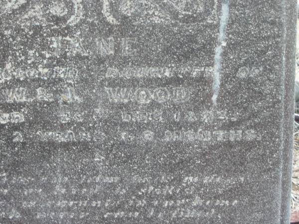 Jane,  | daughter of W. & I. WOOD,  | died 28? Dec 1893 aged 2 years 6 months;  | Meringandan cemetery, Rosalie Shire  | 