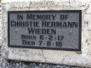
Christie Hermann WIEDEN,
born 6-2-17,
died 7-8-18;
Meringandan cemetery, Rosalie Shire
