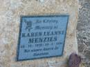
Karen Leanne MENZIES,
23-12-1979? - 13-6-1994;
Meringandan cemetery, Rosalie Shire
