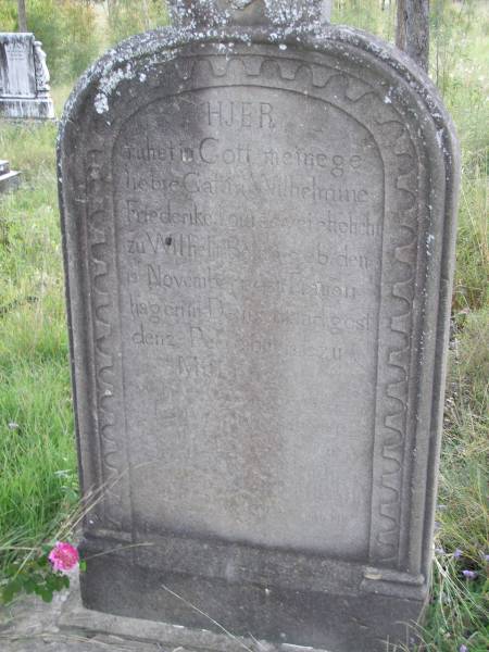 Wilhelmine Friedrike Louise, wife of Wilhelm BEUTEL,  | born 19 Nov 1843? Pranen Hagen Deutschland,  | died 2 December 1889 Milbong;  | Milbong General Cemetery, Boonah Shire  | 