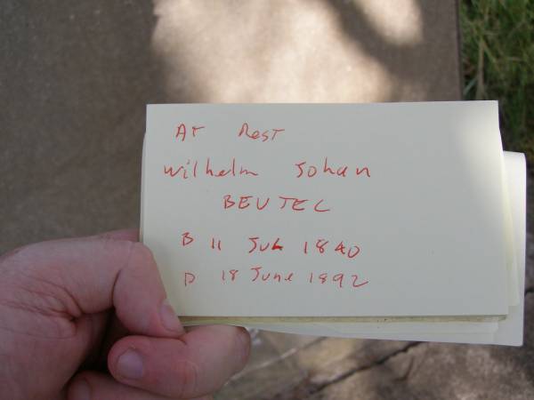 Wilhelm Johan BEUTEL,  | born 11 July 1840 died 13 June 1892;  | Milbong General Cemetery, Boonah Shire  | 