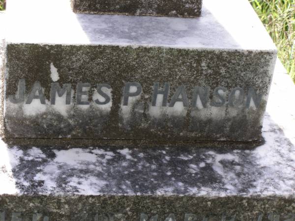 James P. HANSON,  | died 7 March 1921 aged 56 years;  | Milbong General Cemetery, Boonah Shire  |   | Research contact: Gay Fielding  | Descendants of Mary MEIKLE  | 1. MARY MEIKLE ( was born 24 March 1850 in Waterside, Ayrshire, Scotland, and died 10 May 1927 in Milbong Queensland Ausralia. . She married (2) JAMES PETER HANSON 29 December 1874 in Six Mile Creek,Via Ipswich Queensland Australia. He was born 1841 in Eskdale, Finland, and died 14 June 1929 in Milbong, Queensland, Australia.  | Children of MARY MEIKLE and JAMES HANSON are:  | 3. ii. MARY CECILIA  HANSON, b. 15 December 1875; d. 14 January 1898, MILBONG, QLD  | 4. iii. JANE MATILDA HANSON, b. 19 April 1877, BUNDAMBA, WEST MORETON, QLD; d. 30 May 1959, BOONAH, QLD.  | 5. iv. WILLIAM GEORGE HANSON, b. 16 January 1879, Bundamba, West Moreton, Queensland, Australia; d. 3 April 1961, Wondai, Queensland, Australia.  | 6. v. JANET MEIKLE HANSON, b. 19 April 1882; d. 8 March 1965.  | 7. vi. JAMES PETER HANSON, b. 27 September 1884; d. 7 March 1921, MILBONG, QLD.  |   | 
