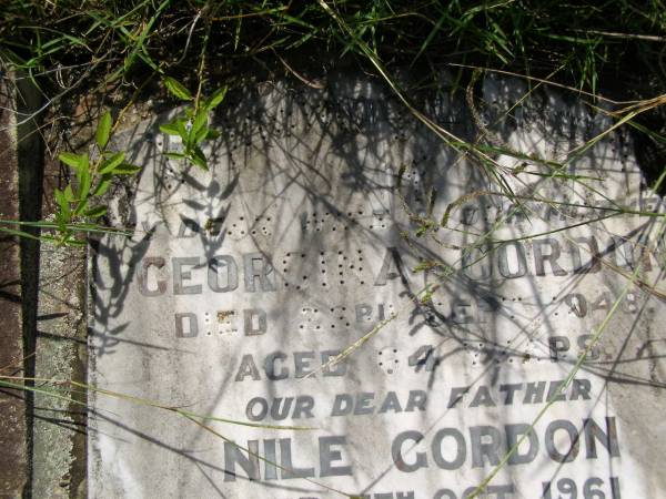 Georgina GORDON, wife mother,  | died 23 Sept 1948 aged 84 years;  | Nile GORDON, father,  | died 11 Oct 1961 aged 76 years;  | Milbong General Cemetery, Boonah Shire  | 