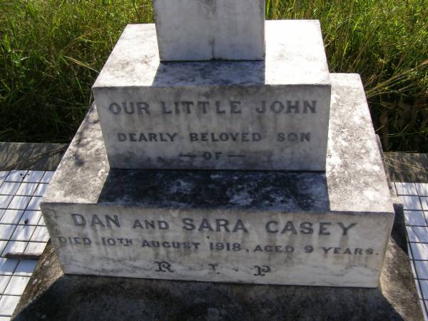 John, son of Dan & Sara CASEY,  | died 10 August 1918 aged 9 years;  | Milbong General Cemetery, Boonah Shire  |   | 