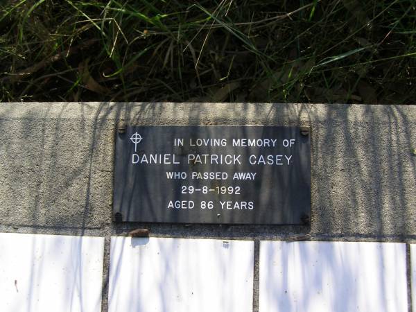 Daniel Patrick CASEY,  | died 29-8-1992 aged 86 years;  | Milbong General Cemetery, Boonah Shire  | 