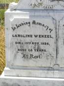 Caroline WENZEL,
died 10 Nov 1926 aged 68 years;
Friedrich W.A. WENZEL,
husband,
died 4 Sep 1930 aged 78 years;
Milbong St Lukes Lutheran cemetery, Boonah Shire