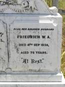 
Caroline WENZEL,
died 10 Nov 1926 aged 68 years;
Friedrich W.A. WENZEL,
husband,
died 4 Sep 1930 aged 78 years;
Milbong St Lukes Lutheran cemetery, Boonah Shire
