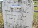 Maria Ida Anna ZIELKE,
died 14 Apr 1910 aged 2 years;
Milbong St Lukes Lutheran cemetery, Boonah Shire