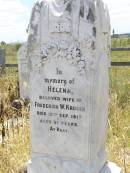 
Helena, wife of Frederick W. KRUGER,
died 12 Sept 1917 aged 31 years;
Milbong St Lukes Lutheran cemetery, Boonah Shire
