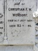 
Louise C. WENDORF,
died 10 Dec 1918 aged 78 years;
Christian F.W. WENDORF,
died 16 July 1924 aged 83 years;
Milbong St Lukes Lutheran cemetery, Boonah Shire
