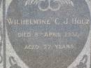 Wilhelmine C.J. HOLZ,
died 8 April 1931 aged 77 years;
Christian F.A. HOLZ,
died 31 Dc 1931 aged 83 years;
Milbong St Lukes Lutheran cemetery, Boonah Shire