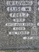 Elise W. FOELZ,
died 24 July 1939 aged 60 years;
Carl L.A. FOELZ,
died 16 May 1940 aged 79? years;
Milbong St Lukes Lutheran cemetery, Boonah Shire
