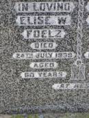 
Elise W. FOELZ,
died 24 July 1939 aged 60 years;
Carl L.A. FOELZ,
died 16 May 1940 aged 79? years;
Milbong St Lukes Lutheran cemetery, Boonah Shire
