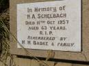 
H.A. SCHELBACH,
died 11 Oct 1957 aged 63 years,
remembered by H.H. BADKE & family;
Milbong St Lukes Lutheran cemetery, Boonah Shire
