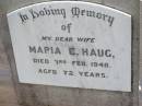 
Maria E. HAUG,
wife,
died 3 Feb 1940 aged 72 years;
Milbong St Lukes Lutheran cemetery, Boonah Shire
