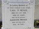 Carl H. MENGE, husband father, died 15 Oct 1939 aged 85 years; Auguste MENGE, mother, died 19 Dec 1950 aged 90 years; Milbong St Luke's Lutheran cemetery, Boonah Shire 