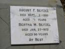 August F. BEITZEL,
died 2 Sept 1950 aged 71 years;
Bertha M. BEITZEL,
died 27 Jan 1972 aged 90 years;
Milbong St Lukes Lutheran cemetery, Boonah Shire