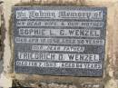 Sophie L.C. WENZEL,
wife mother,
died 16 Apr 1958 aged 58 years;
Friedrich D. WENZEL,
father,
died 7 Feb 1983 aged 84 years;
Milbong St Lukes Lutheran cemetery, Boonah Shire