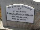
Annie Elizabeth HAHN,
wife,
died 26 Dec 1957 aged 66 years;
Milbong St Lukes Lutheran cemetery, Boonah Shire
