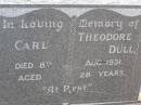 Carl Theodore DULL,
died 8 Aug 1931 aged 28 years;
Milbong St Lukes Lutheran cemetery, Boonah Shire