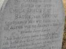Emelie Amalie Mathilde BADKE, nee GUNTHER,
wife mother,
died 8 Feb 1888 aged 39 years 4 months;
August Ferdinand BADKE,
husband father,
died 27 Jan 1928 aged 81 years;
Milbong St Lukes Lutheran cemetery, Boonah Shire