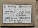 
John Robert SCHELBACH,
father,
died 13 July 1950 aged 59 years;
Elise Alma SCHELBACH,
mother,
died 22 Oct 1973 aged 74 years;
Milbong St Lukes Lutheran cemetery, Boonah Shire
