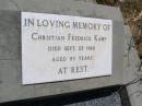 
Christian Fredrick KAMP,
died 25 Sept 1968 aged 93 years;
Milbong St Lukes Lutheran cemetery, Boonah Shire
