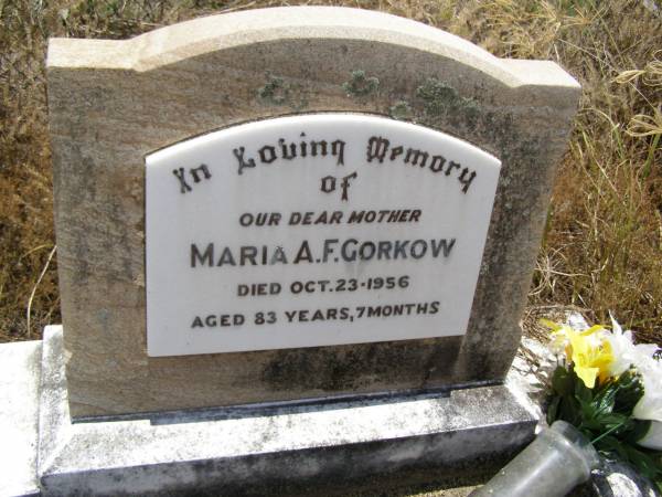 Maria A.F. GORKOW,  | mother,  | died 23 Oct 1956 aged 83 years  months;  | Milbong St Luke's Lutheran cemetery, Boonah Shire  | 