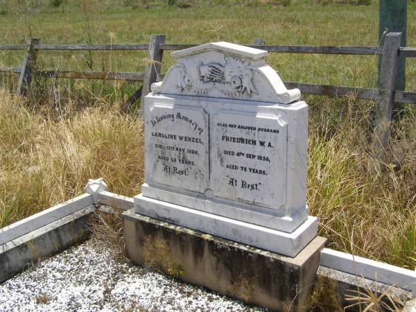 Caroline WENZEL,  | died 10 Nov 1926 aged 68 years;  | Friedrich W.A. WENZEL,  | husband,  | died 4 Sep 1930 aged 78 years;  | Milbong St Luke's Lutheran cemetery, Boonah Shire  | 