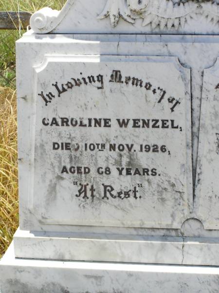Caroline WENZEL,  | died 10 Nov 1926 aged 68 years;  | Friedrich W.A. WENZEL,  | husband,  | died 4 Sep 1930 aged 78 years;  | Milbong St Luke's Lutheran cemetery, Boonah Shire  | 