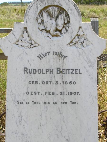 Rudolph BEITZEL,  | born 3 Oct 1850 died 21 Feb 1907;  | Milbong St Luke's Lutheran cemetery, Boonah Shire  | 