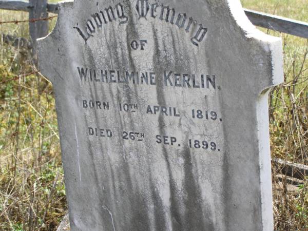 Wilhelmine KERLIN,  | born 10 April 1819 died 26 Sep 1899;  | Milbong St Luke's Lutheran cemetery, Boonah Shire  | 