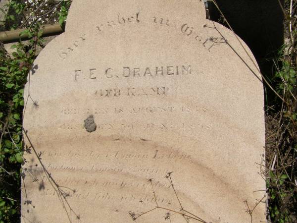 F.E.C. DRAHEIM, nee KAMP,  | born 18 Aug 1818 died 30 June 1898;  | Milbong St Luke's Lutheran cemetery, Boonah Shire  | 