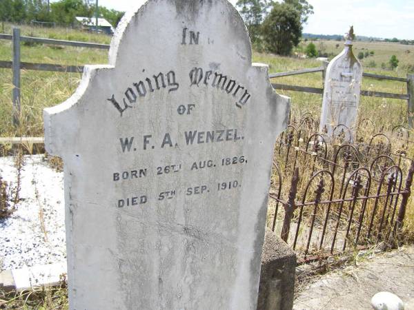 W.F.A. WENZEL,  | born 26 Aug 1826 died 5 Sep 1910;  | Milbong St Luke's Lutheran cemetery, Boonah Shire  | 