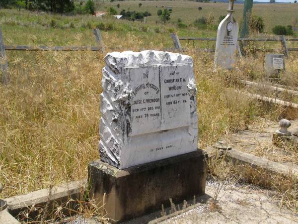 Louise C. WENDORF,  | died 10 Dec 1918 aged 78 years;  | Christian F.W. WENDORF,  | died 16 July 1924 aged 83 years;  | Milbong St Luke's Lutheran cemetery, Boonah Shire  | 