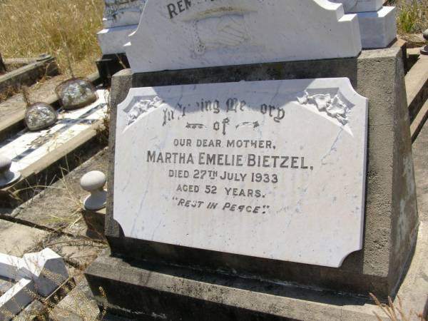 Martha Emelie BIETZEL,  | mother,  | died 2 July 1933 aged 52 years;  | Milbong St Luke's Lutheran cemetery, Boonah Shire  | 