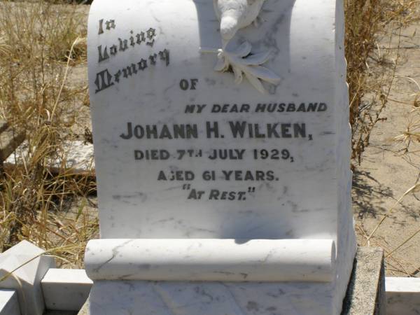 Johann H. WILKEN,  | husband,  | died 7 July 1929 aged 61 years;  | Milbong St Luke's Lutheran cemetery, Boonah Shire  | 