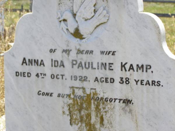 Anna Ida Pauline KAMP,  | wife,  | died 4 Oct 1922 aged 38 years;  | Milbong St Luke's Lutheran cemetery, Boonah Shire  | 