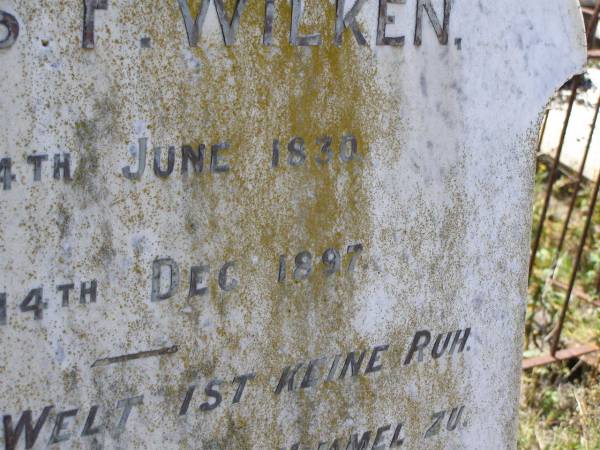 Hans F. WILKEN,  | born 4 June 1830 died 14 Dec 1897;  | Milbong St Luke's Lutheran cemetery, Boonah Shire  | 