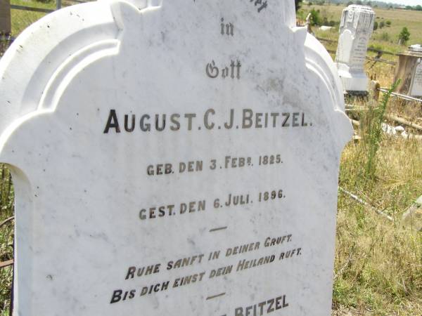 August C.J. BEITZEL,  | born 3 Feb 1825 died 6 July 1896;  | Friedericke BEITZEL,  | born 28 April 1830 died 10 Jan 1916;  | Milbong St Luke's Lutheran cemetery, Boonah Shire  | 