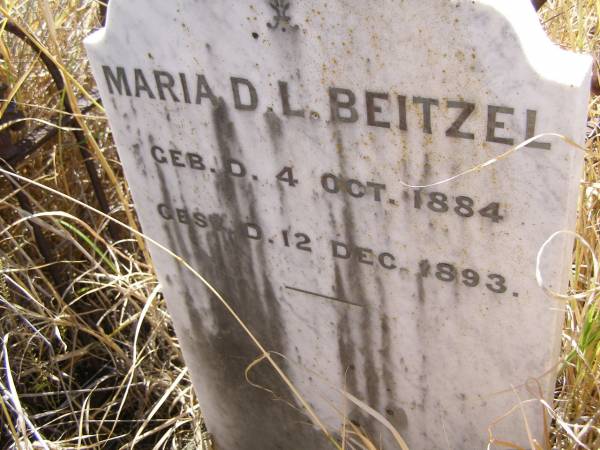 Maria D.L. BEITZEL,  | born 4 Oct 1884,  | died 2 Dec 1893;  | Milbong St Luke's Lutheran cemetery, Boonah Shire  | 