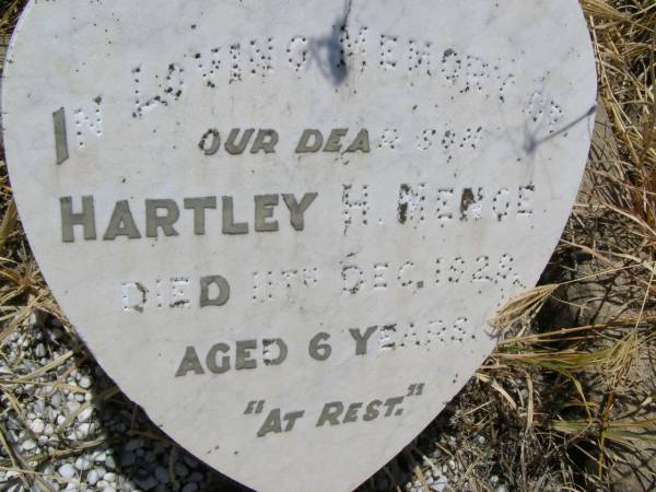 Hartley H. MENGE,  | son,  | died 11 Dc 1929 aged 6 years;  | Milbong St Luke's Lutheran cemetery, Boonah Shire  | 
