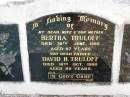 
Bertha TRULOFF, wife mother,
died 30 June 1969 aged 67 years;
David H. TRULOFF, father,
died 18 Oct 1990 aged 89 years;
Minden Baptist, Esk Shire
