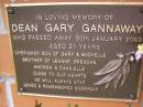 
Dean Gary GANNAWAY,
died 30 Jan 2003 aged 21 years,
son of Gary & Michelle,
brother of Leanne, Brendan, Andrew & Dannielle;
Minden Baptist, Esk Shire
