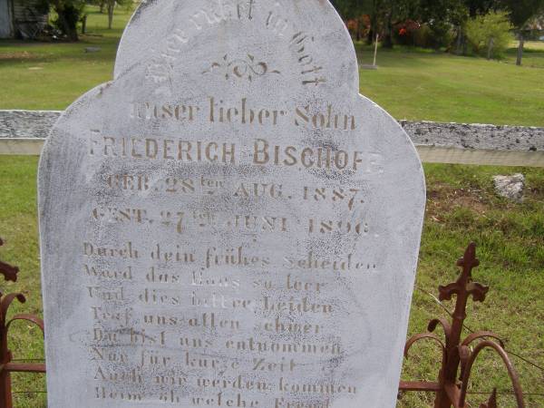 Friederich BISCHOFF, son,  | born 28 Aug 1887  | died 27 June 1896;  | Minden Baptist, Esk Shire  | 