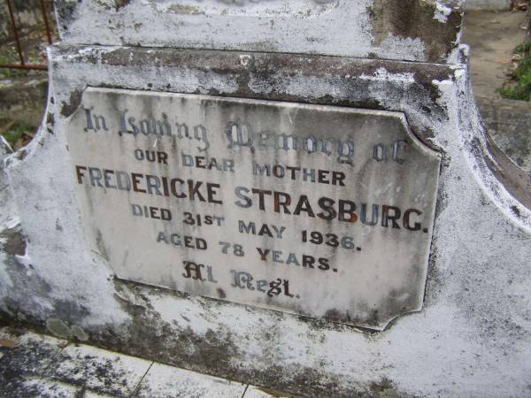 Fredericke STRASBURG, mother,  | died 31 May 1936 aged 78 years;  | Minden Baptist, Esk Shire  | 